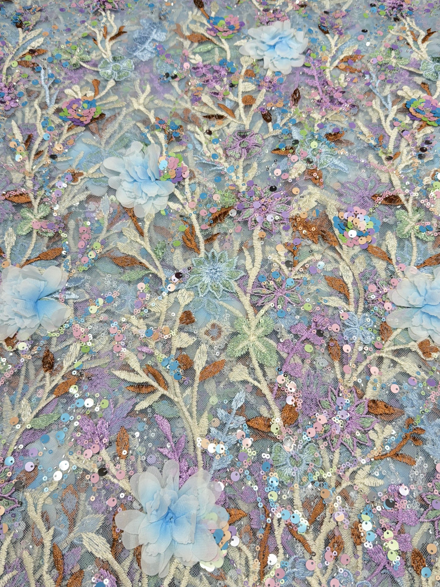 Saga Blue Aurora Sequin Floral Handwork Net 54" Fabric