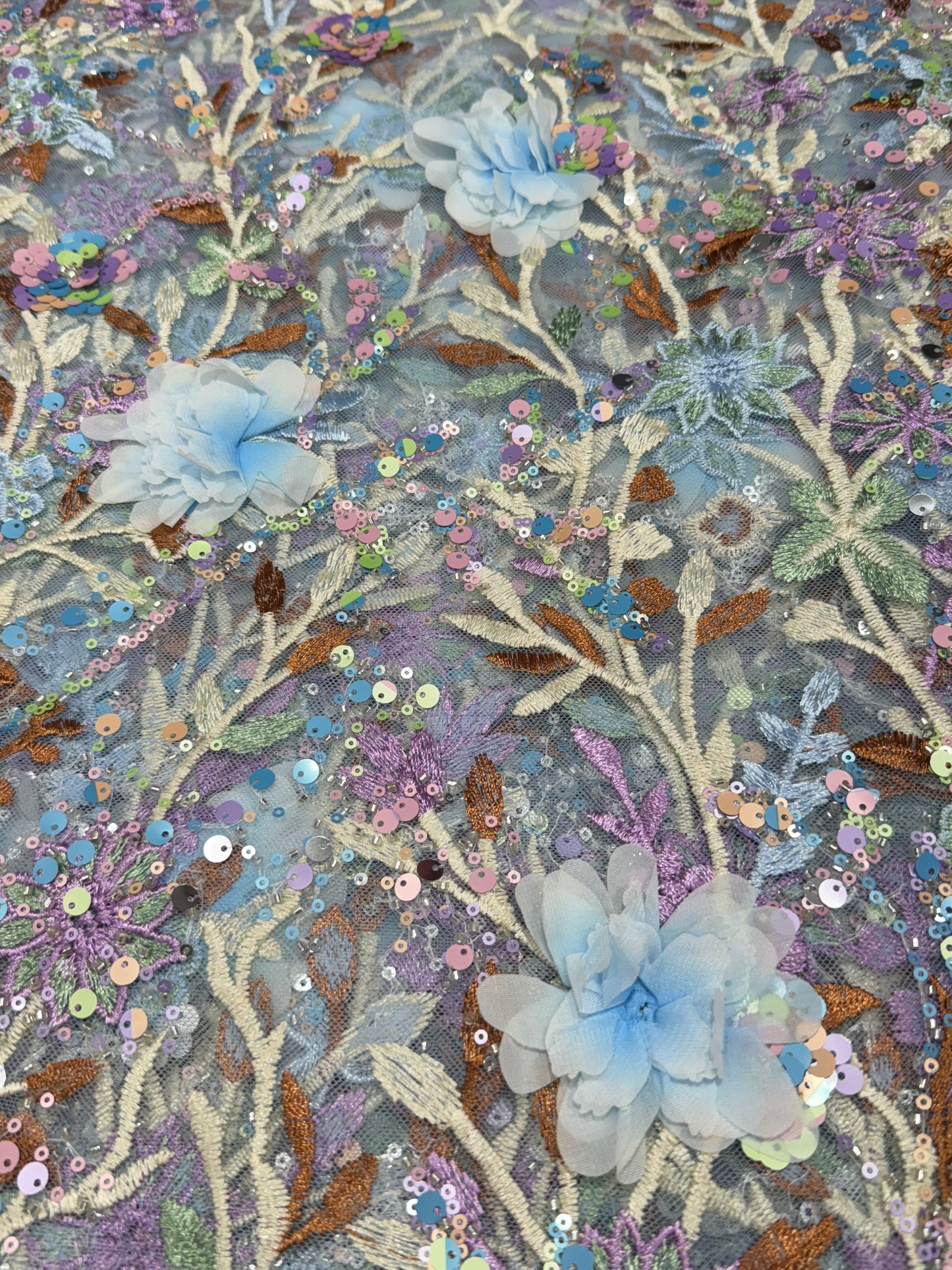 Saga Blue Aurora Sequin Floral Handwork Net 54" Fabric