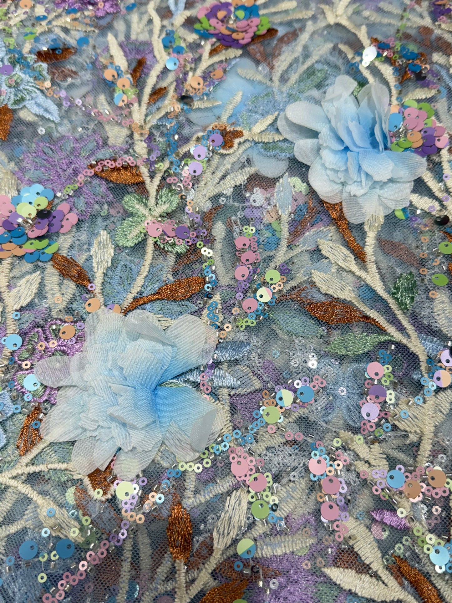 Saga Blue Aurora Sequin Floral Handwork Net 54" Fabric