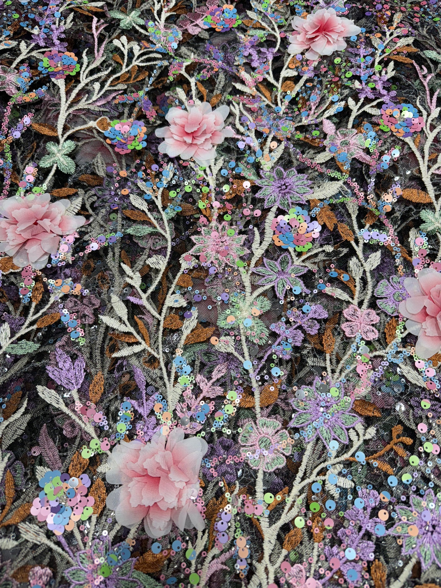 Black Aurora Sequin Floral Handwork Net 54" Fabric