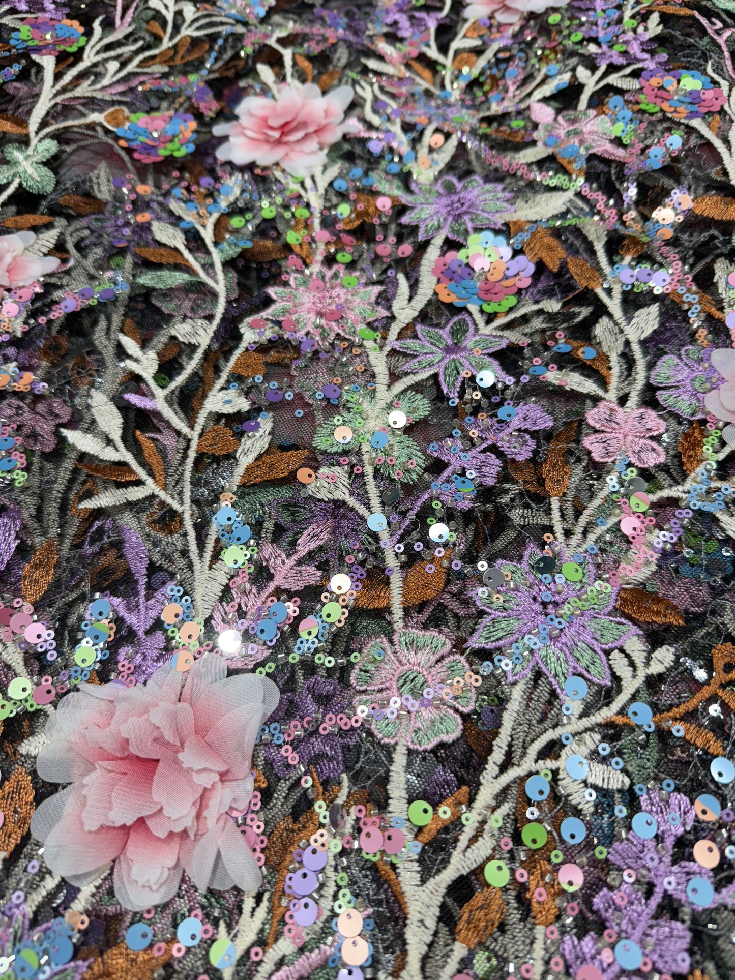 Black Aurora Sequin Floral Handwork Net 54" Fabric