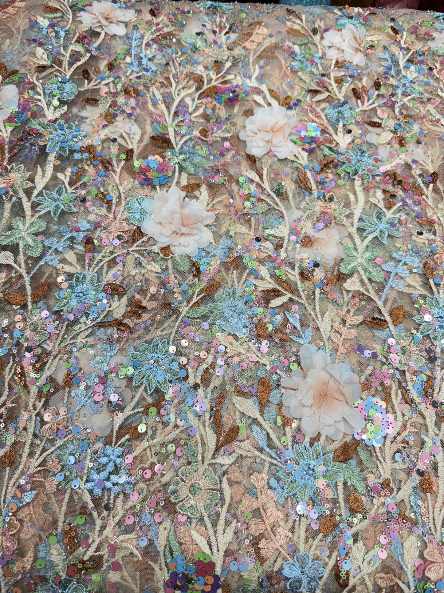 Cream Aurora Sequin Floral Handwork Net 54" Fabric