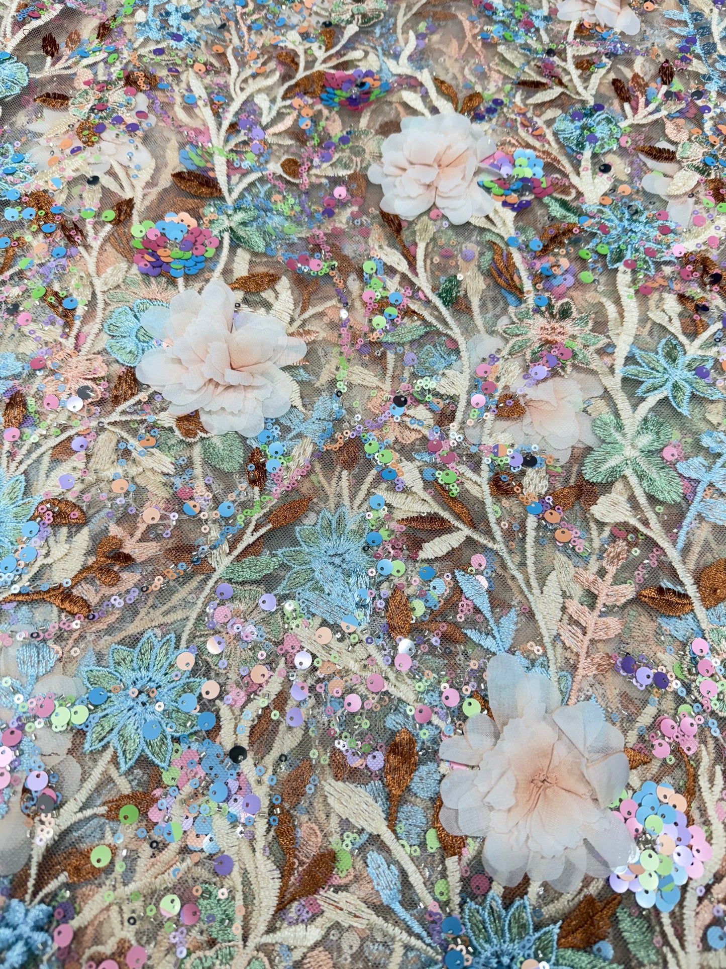 Cream Aurora Sequin Floral Handwork Net 54" Fabric
