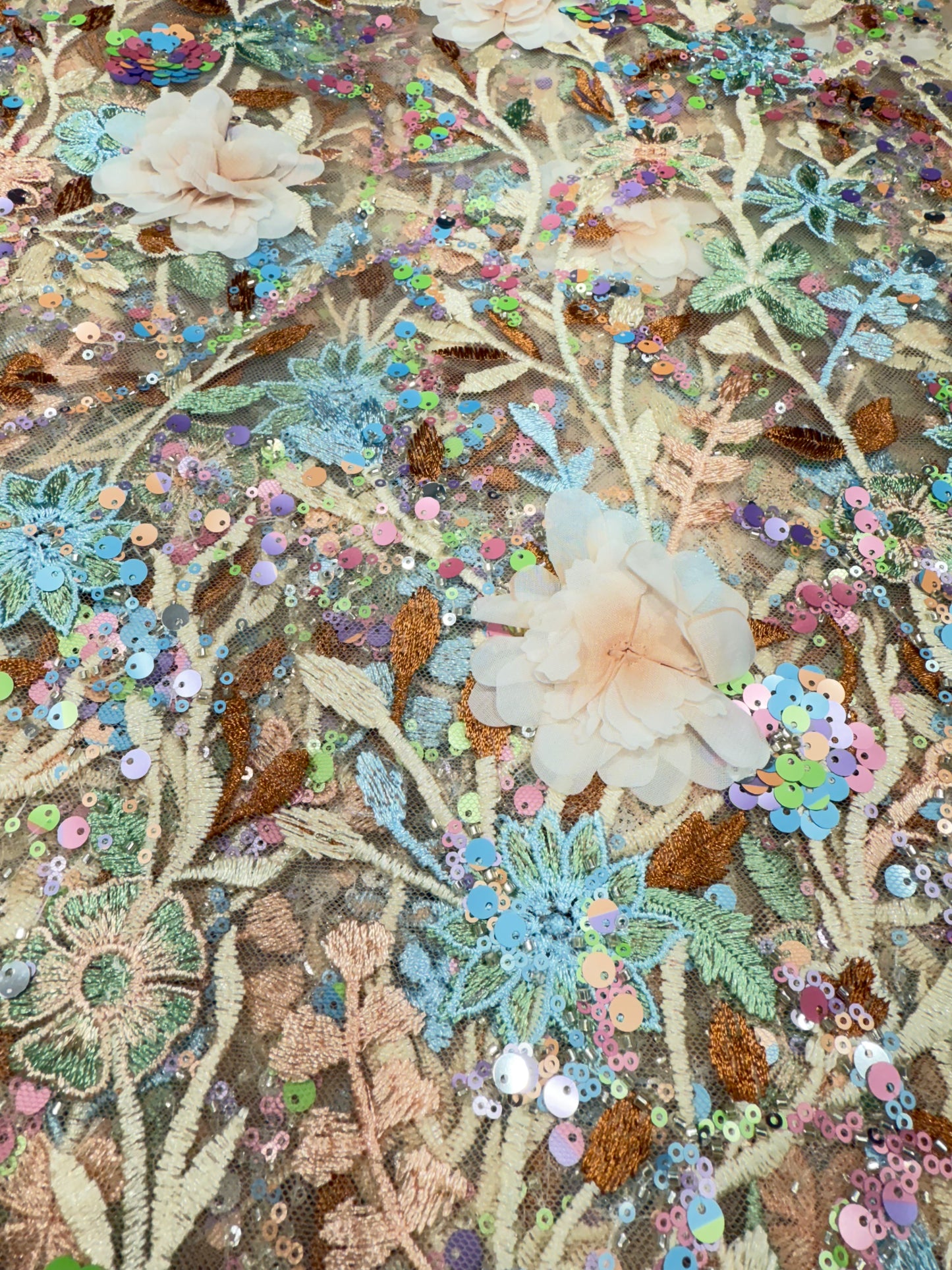 Cream Aurora Sequin Floral Handwork Net 54" Fabric