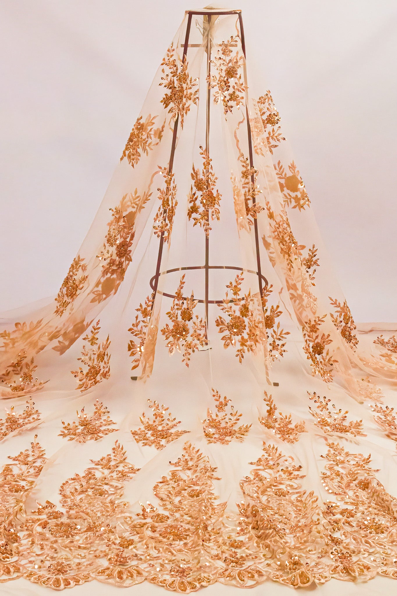 Bridal Handwork Net Heavy Floral Peach 54" Fabric