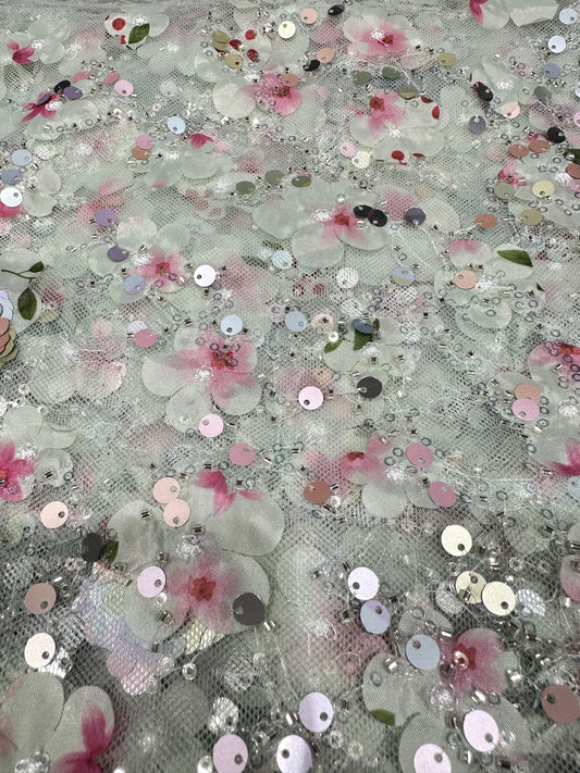 Sage Green Sequin Fairy Handwork Net 56" Fabric