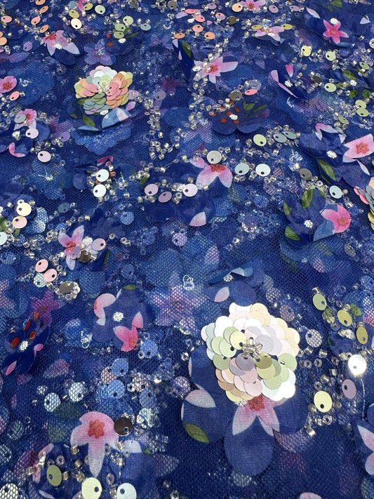 Royal Blue Sequin Fairy Handwork Net 56" Fabric