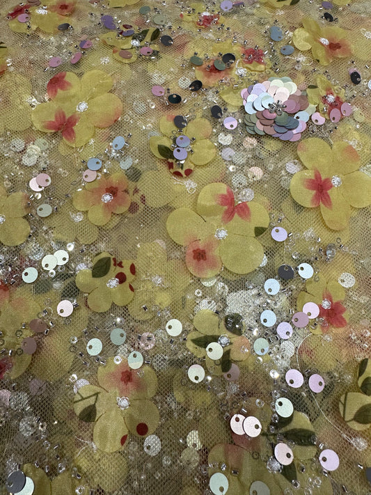 Yellow Sequin Fairy  Handwork Net 56" Fabric