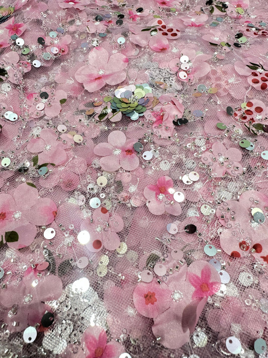 Baby Pink Sequin Fairy Handwork Net 56" Fabric