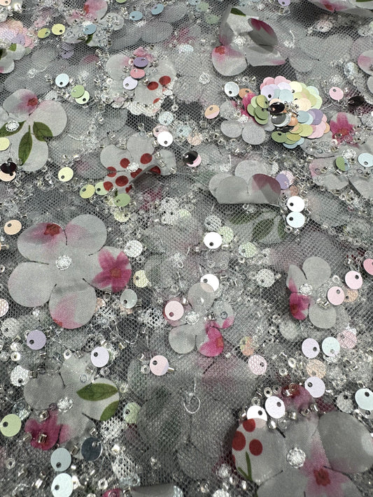 Grey Sequin Fairy Handwork Net 56" Fabric