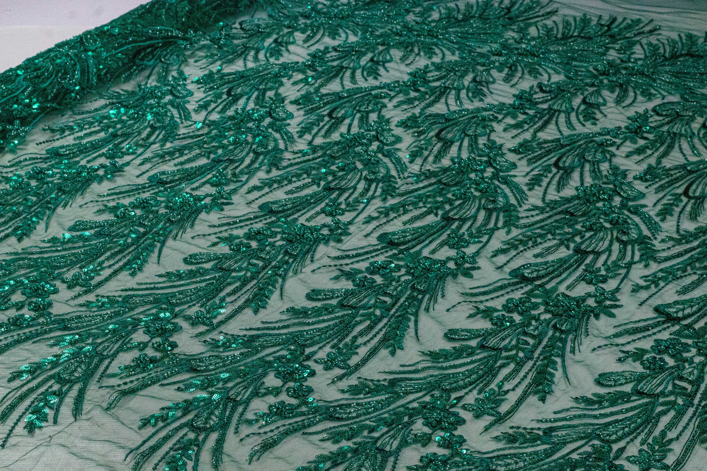 Sapphire Floral Heavy Handwork Net Emerald Green 54" Fabric