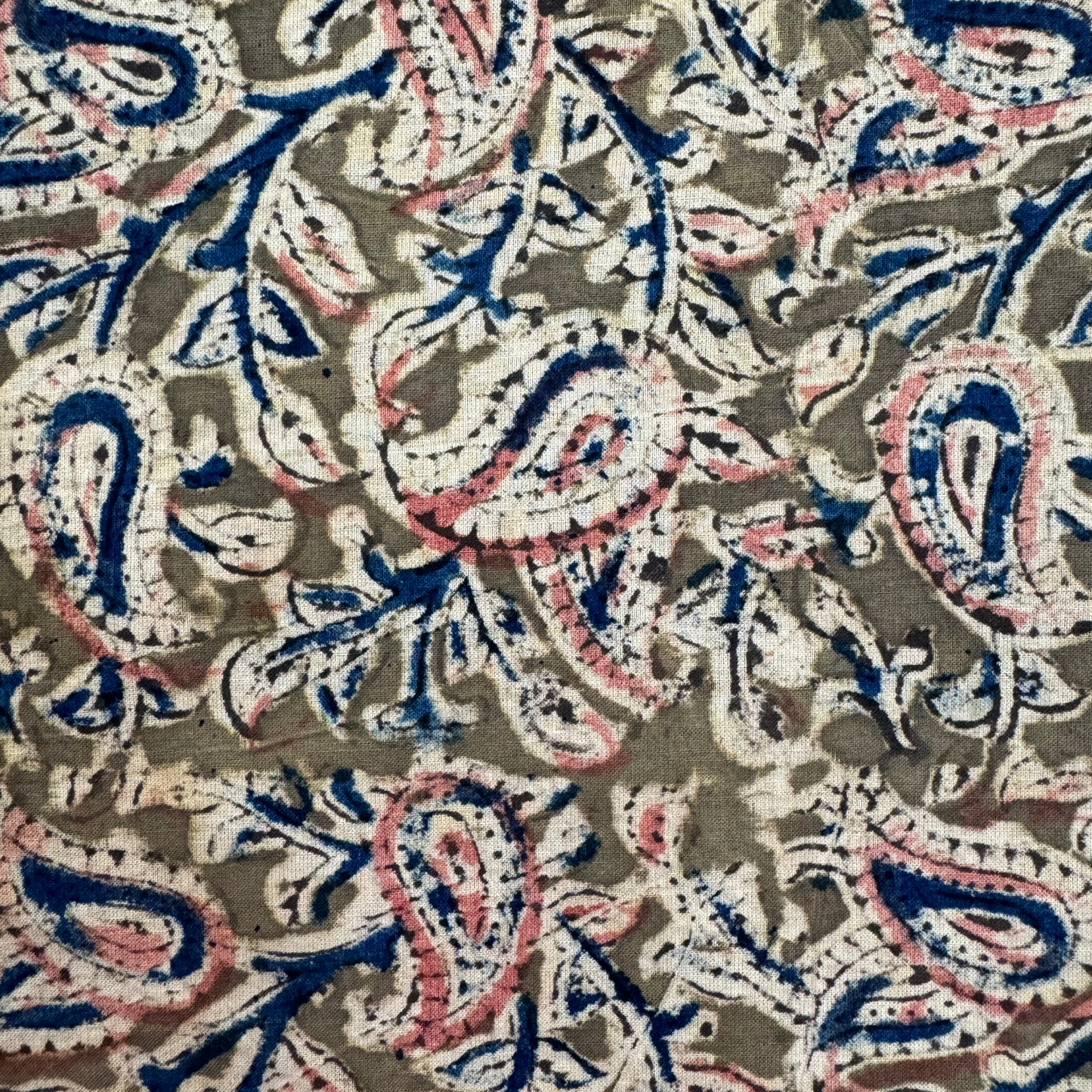 Kalamkari Olive Green and Blue Pure Cotton Organic Handloom Printed Fabric