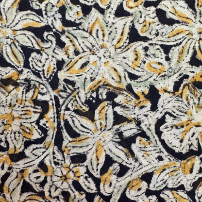 Kalamkari Dark Brown and Yellow Pure Cotton Organic Handloom Printed Fabric