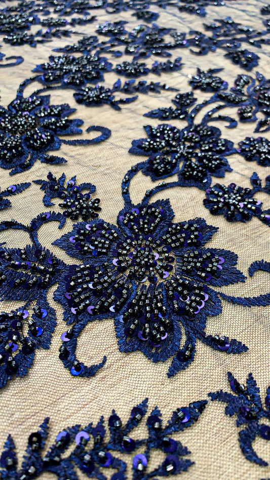 Navy Blue Sequin & Beadwork Heavy Lace Fabric