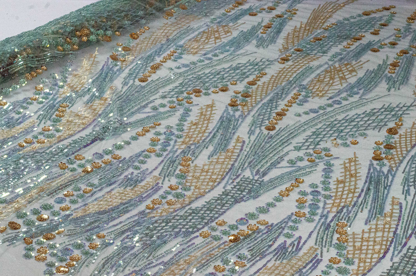 Palm Floral Heavy Lace Mint Blue 54" Fabric