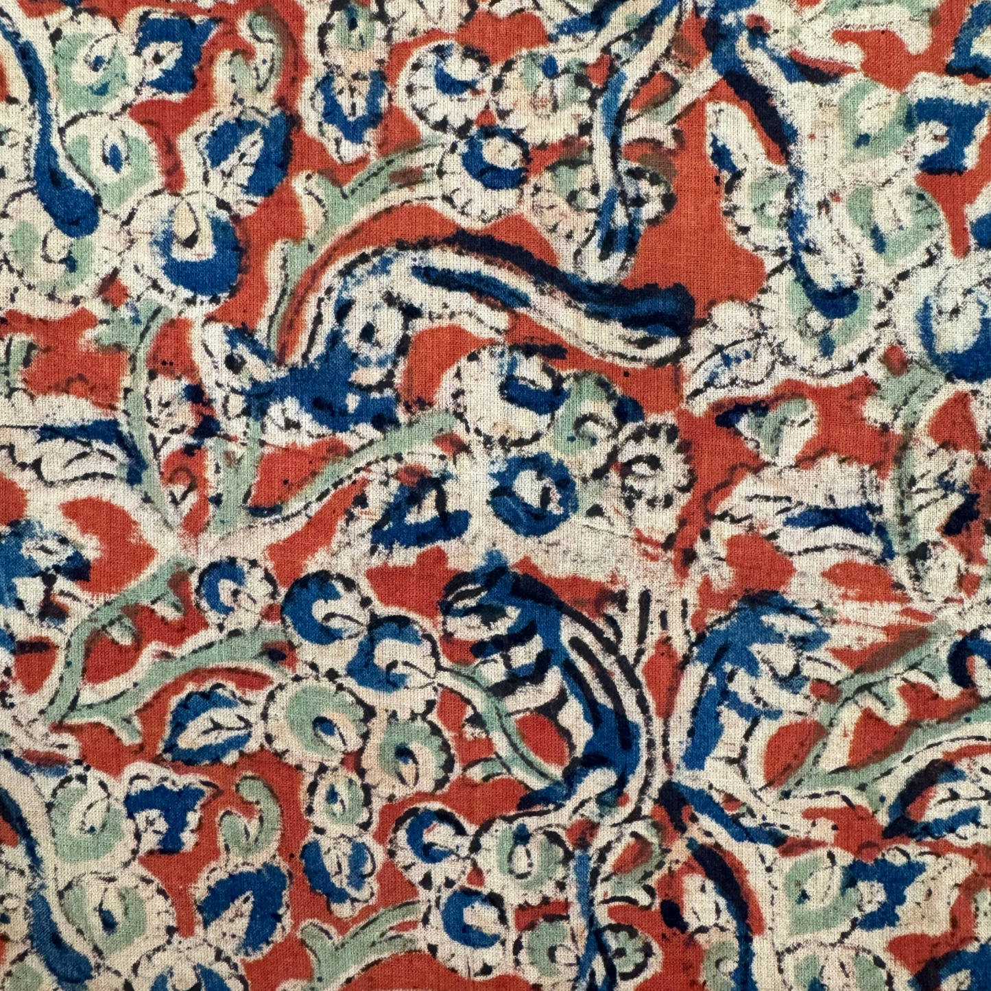 Kalamkari Orange and Blue Pure Cotton Organic Handloom  Printed Fabric