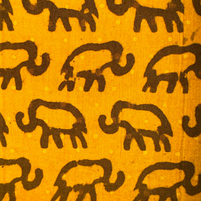 Ajrak  Mustard Yellow with Elephant print pure Cotton Handloom printed Fabric