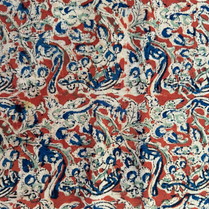 Kalamkari Orange and Blue Pure Cotton Organic Handloom  Printed Fabric