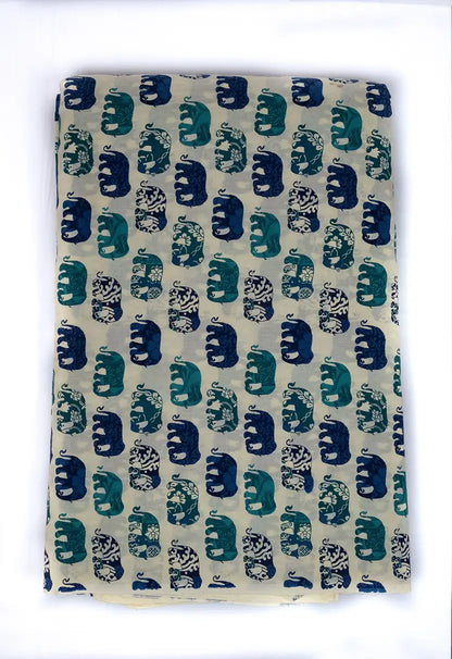 Elephanta Motif Print Blue Fabric