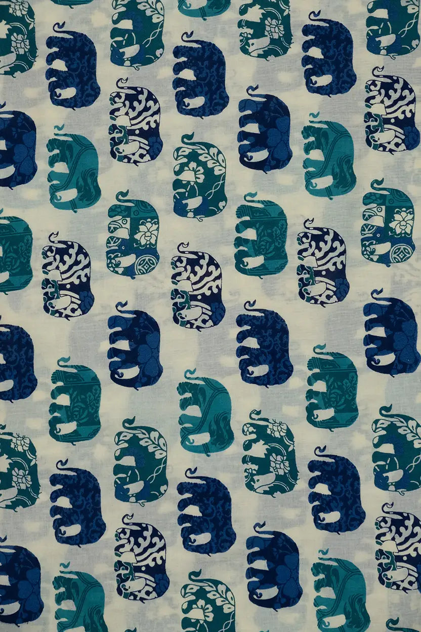 Elephanta Motif Print Blue Fabric