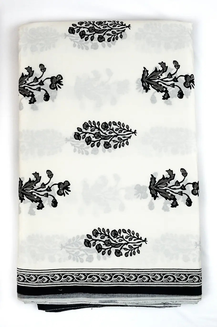 Jaipuri Print Black on White Floral Fabric