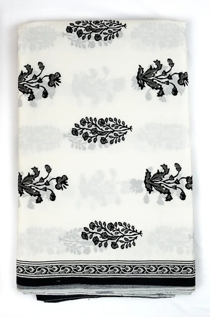 Jaipuri Print Black on White Floral Fabric