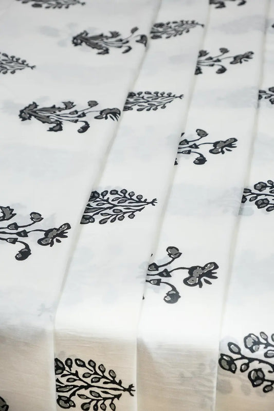 Jaipuri Print Black on White Floral Fabric