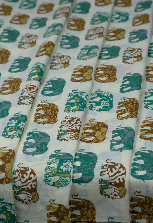 Elephanta Motif Print Green Fabric