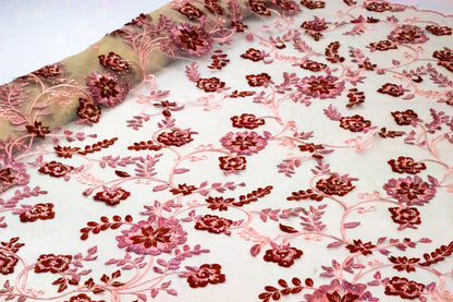 3D Lace Floral Maroon ( Imported Lace) 54" Fabric