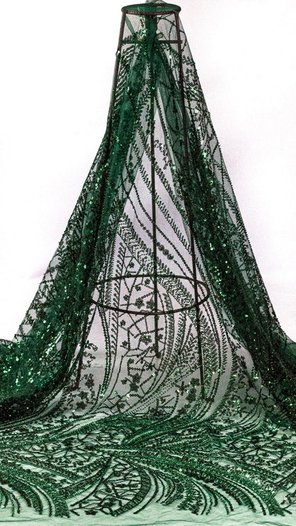 Courtyard Floral Sequin Lace Bottle Green (Imported Lace) 54" Fabric