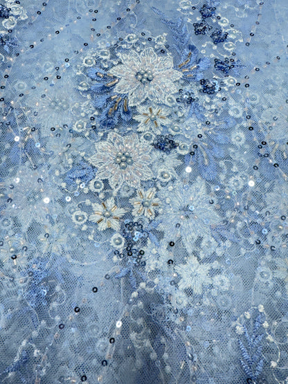 Blue Sequin finish Applique Lace 56" Fabric