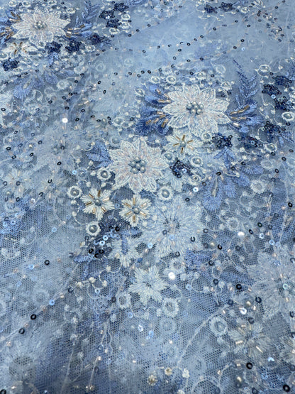 Blue Sequin finish Applique Lace 56" Fabric