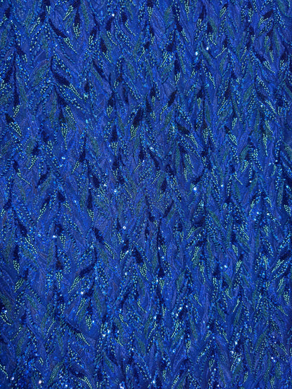 Blue Premium Sequin Leaf Lace 56" Fabric