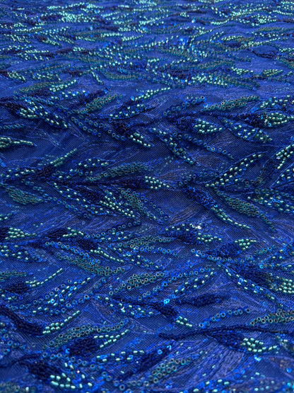 Blue Premium Sequin Leaf Lace 56" Fabric