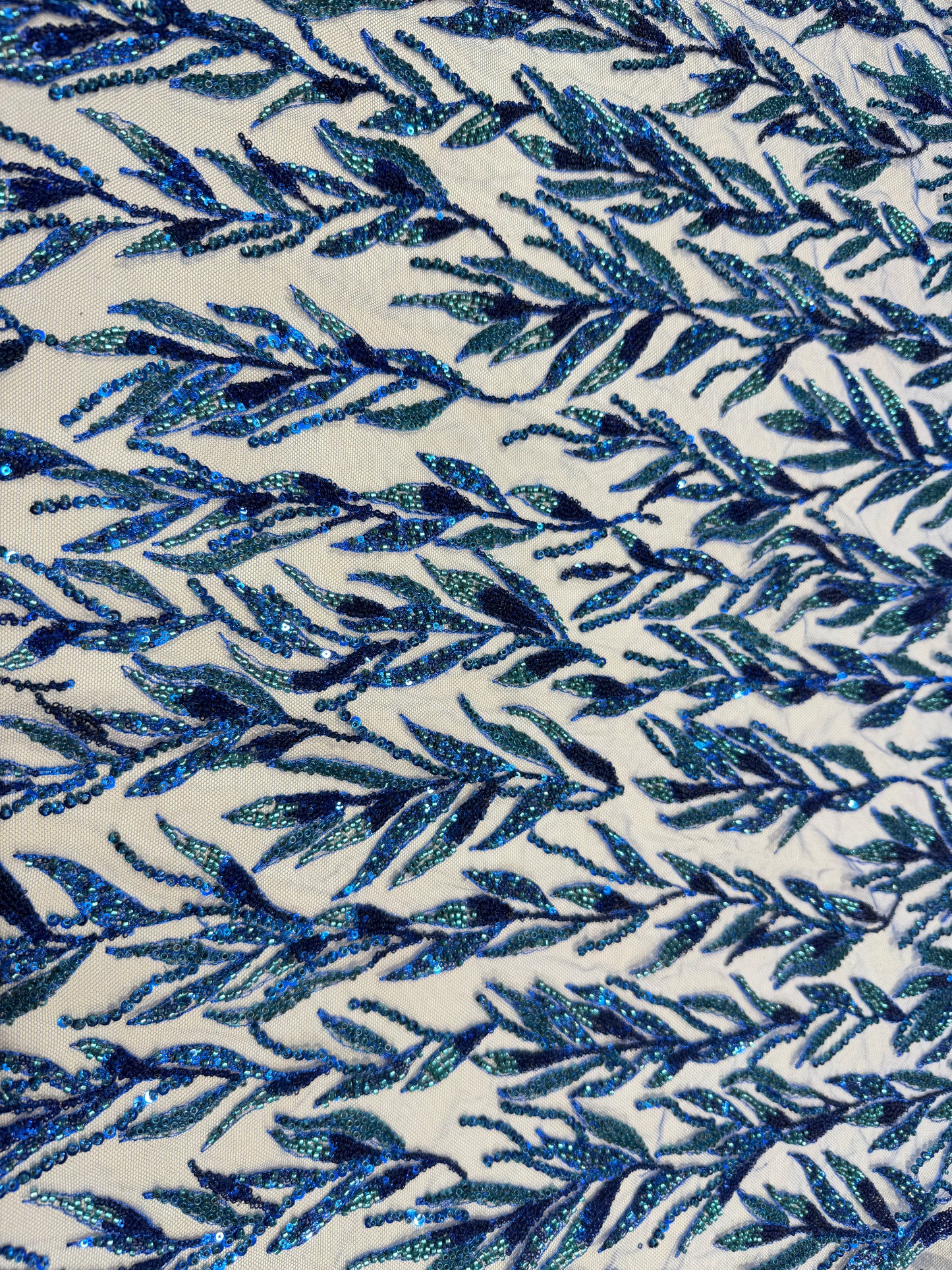 Blue Premium Sequin Leaf Lace 56" Fabric