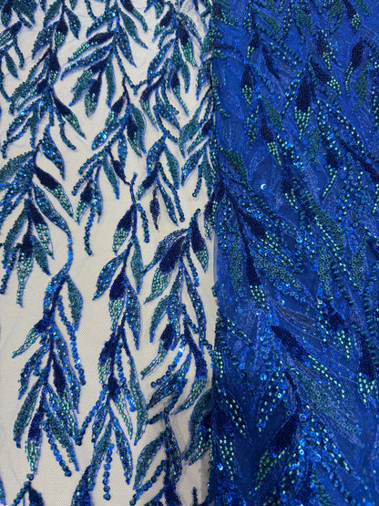 Blue Premium Sequin Leaf Lace 56" Fabric