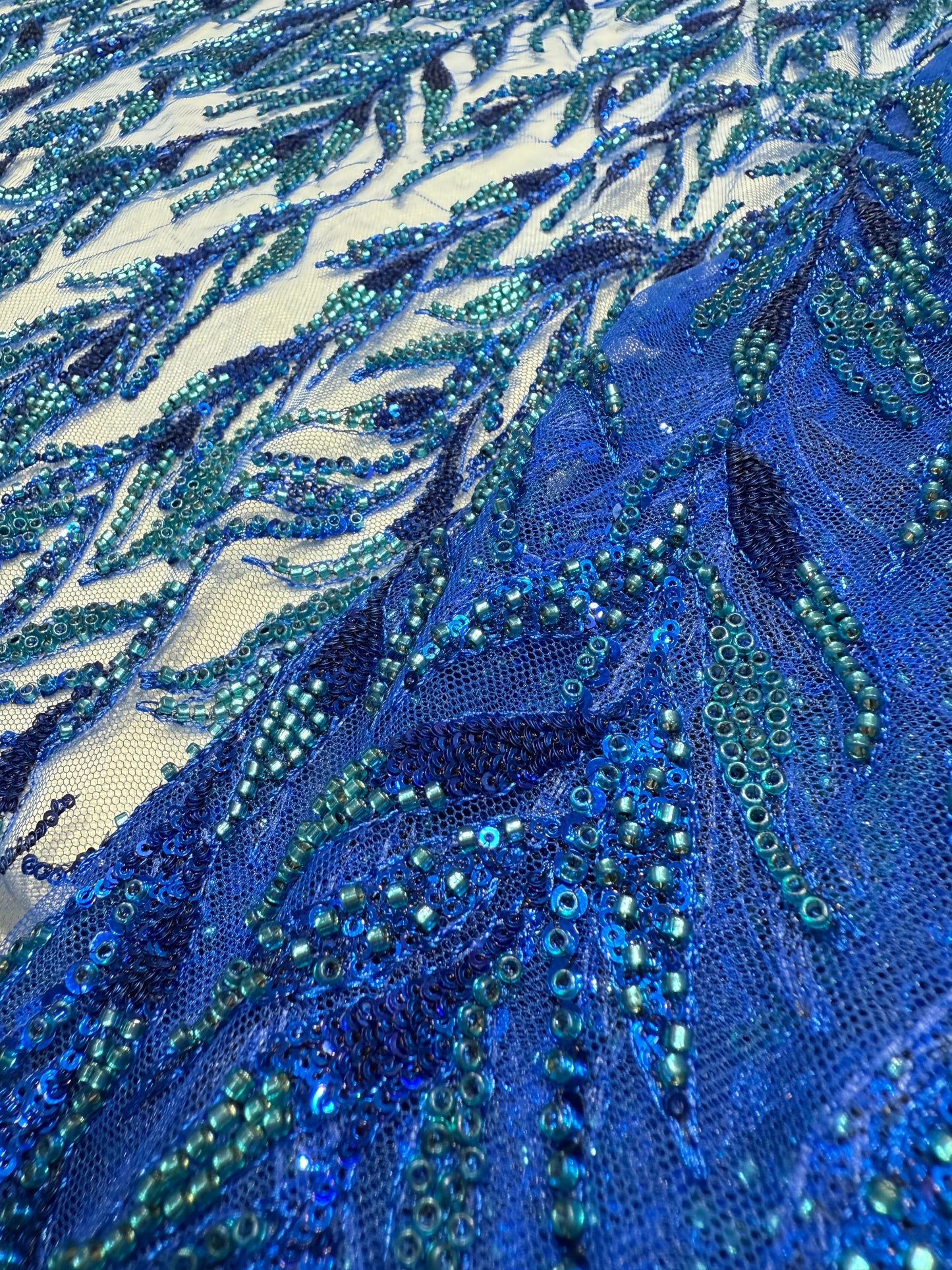 Blue Premium Sequin Leaf Lace 56" Fabric