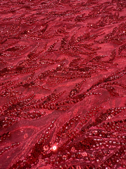 Red Premium Sequin Leaf Lace 56" Fabric