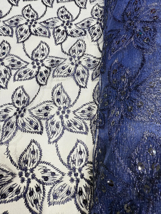 Dark Blue Embroidery Floral Lace 56" Fabric