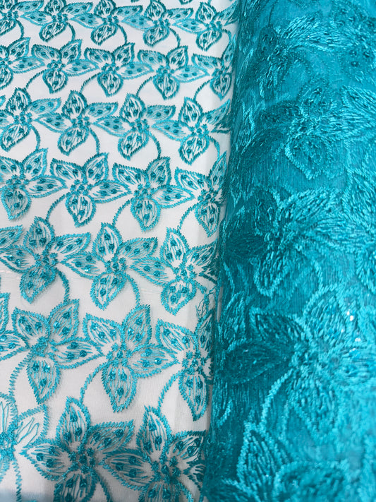 Cyan Green Embroidery Floral Lace 56" Fabric