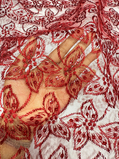 Red Embroidery  Floral Lace 56" Fabric