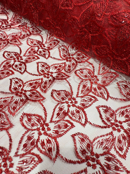 Red Embroidery  Floral Lace 56" Fabric