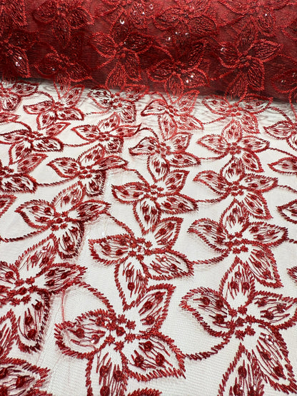 Red Embroidery  Floral Lace 56" Fabric