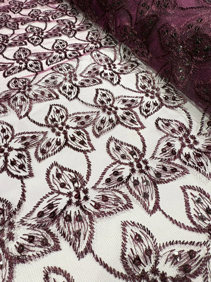 Wine Embroidery Floral Lace 56" Fabric