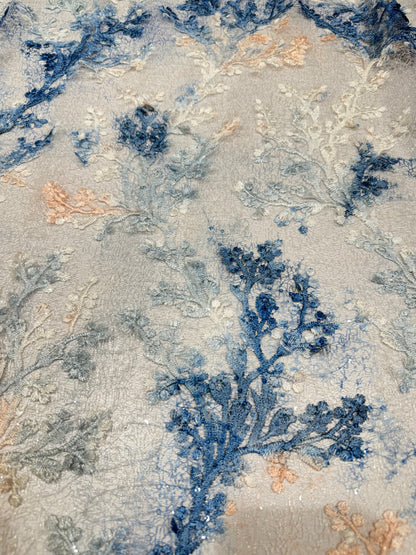 Blue & Cream Blossom Garden Lace 56" Fabric