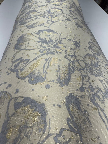 Grey Floral Golden Brocade 56" Fabric