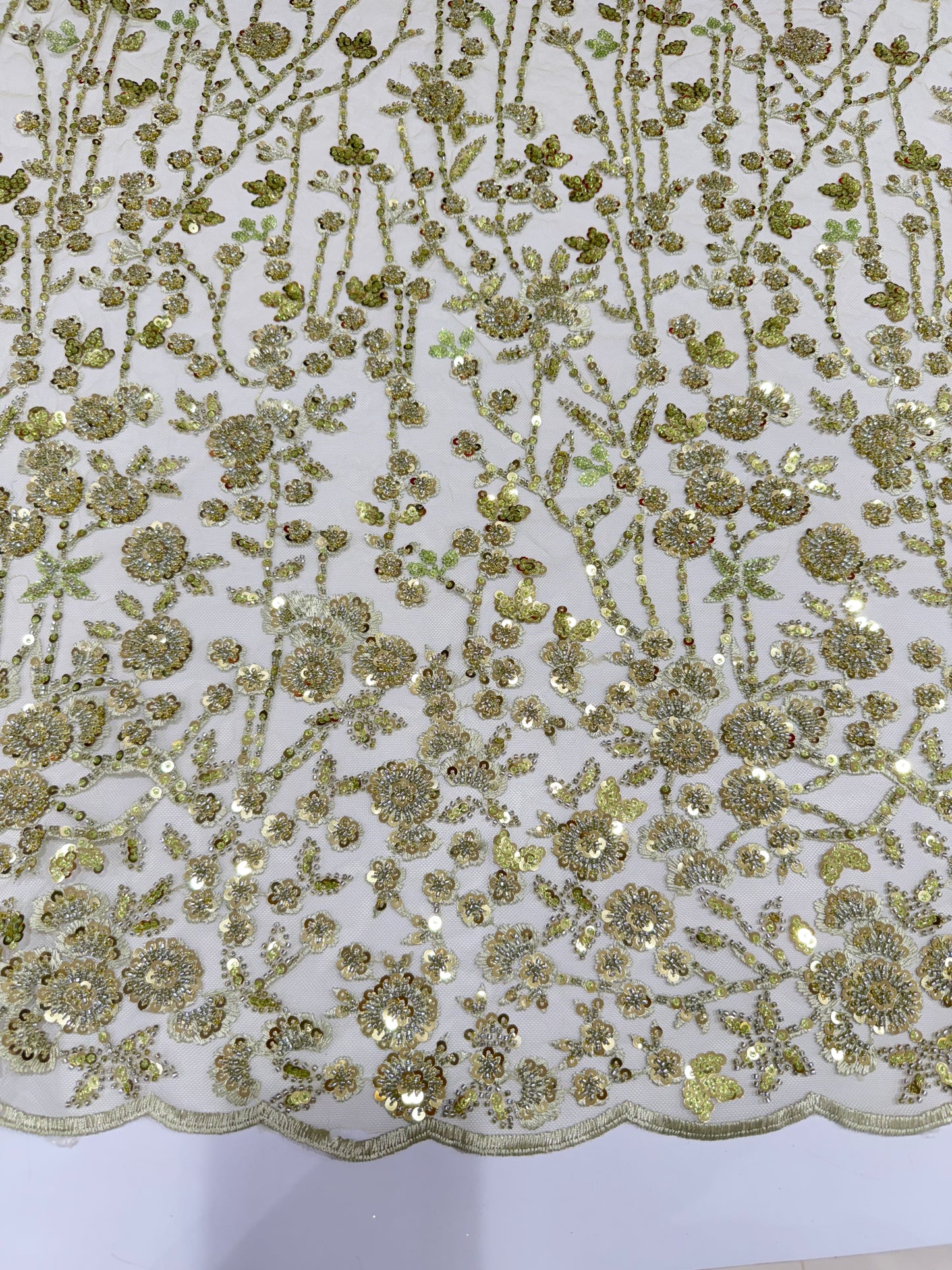 Parrot Green Glory Sequin Beaded Handwork Net 56" Fabric