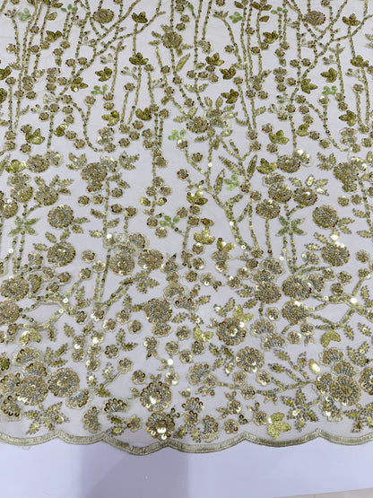 Parrot Green Glory Sequin Beaded Handwork Net 56" Fabric
