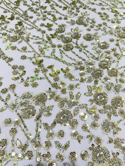 Parrot Green Glory Sequin Beaded Handwork Net 56" Fabric