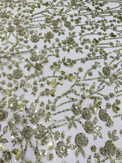 Parrot Green Glory Sequin Beaded Handwork Net 56" Fabric